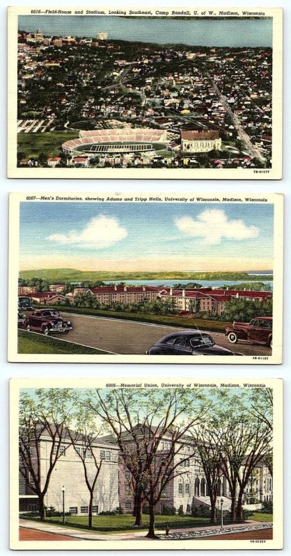 3 Postcards UNIVERSITY of WISCONSIN, Madison WI~ Field House STADIUM Dorms 1940s