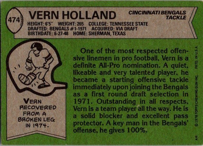 1978 Topps Football Card Vern Holland Cincinnati Bengals sk7037