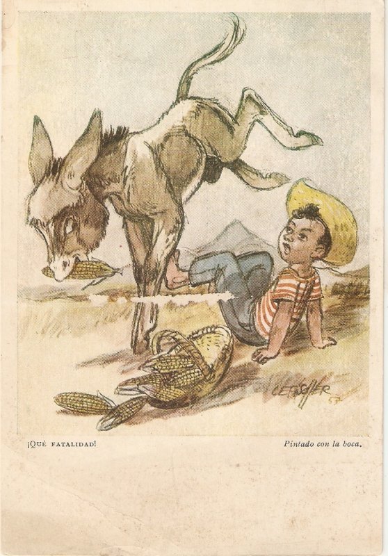 Gefischer. Donkey kicking boy Humorous  vintage Spanish art PC. continental si