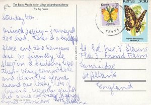 Butterfly stamp on Postcard Kenya Msambweni The Black Marlin Italian village