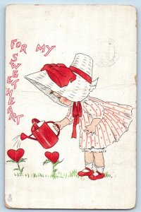 Valentine Postcard Little Girl Betsy Beauties Watering Heart Plant Des Moines IA