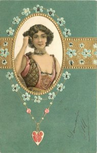 Art Nouveau Postcard Beautiful Woman Floral & Jewelry Motif, Glitter Detail