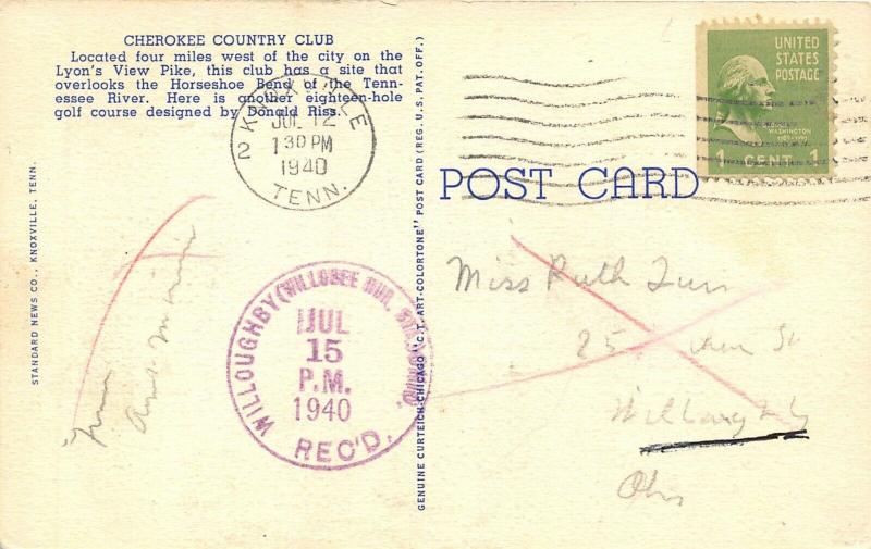 Knoxville Tennessee 1940 Postcard Cherokee Country Club