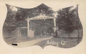 D23/ Ashley Ohio Postcard Real Photo RPPC c1910 Woolley Park Entrance Gate