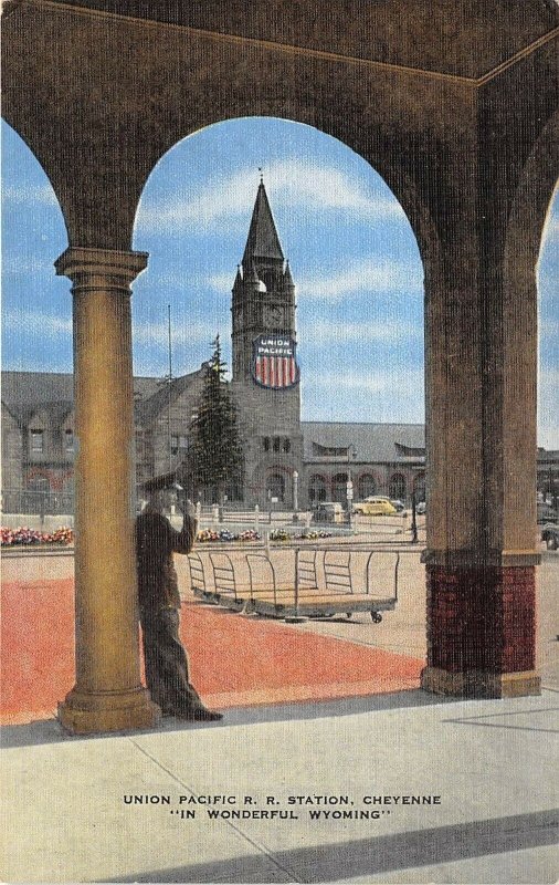 Cheyenne Wyoming 1940s Postcard Union Pacific Railroad RR Station Soldier
