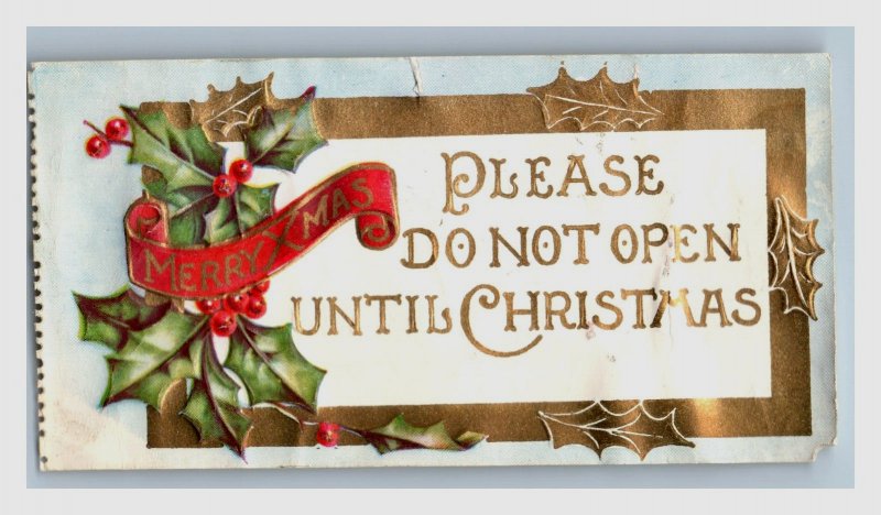 1880s-90s Embossed Victorian Please Do Not Open Until Christmas Label P84