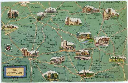 The Cotswolds Map Card, England, UK , Chrome