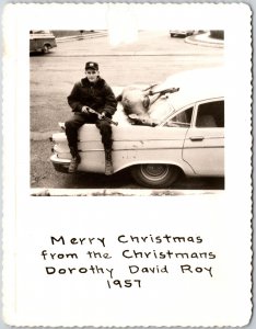 Hunter with Deer on back of Car Christmas Card Vintage 1957 Family Xmas Card