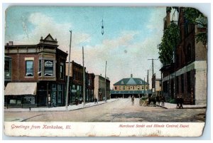 c1910 Greetings From Merchant Street Central Depot Kankakee Illinois IL Postcard