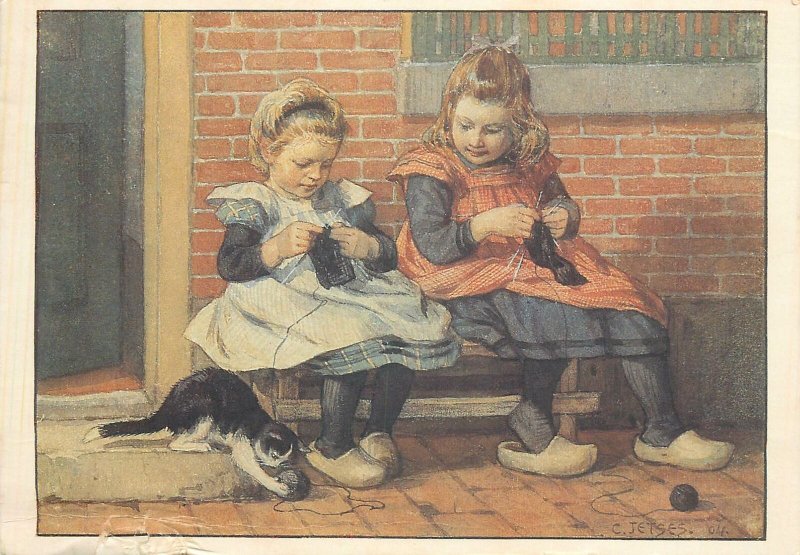 Postcard Children girls knitting cat playing with yard ball C. Jetses