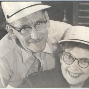 c1950s Goofy Old Couple Self Portrait RPPC Smile Cat Eye Glasses Hats Photo A213