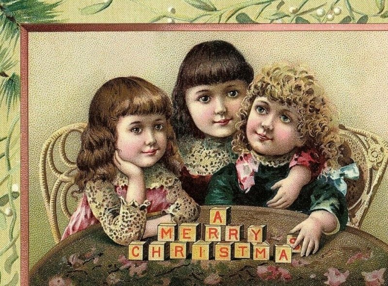 1891 Christmas Coffee Lion Trade Card Spice Woolson Victorian Kids Letter Blocks 