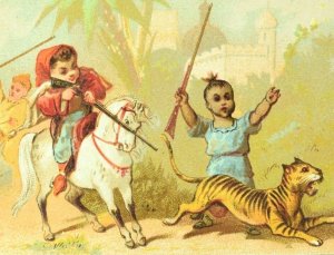 1870's-80's Hunting Bengal Tiger Scene Au Bon Marche Aristide Boucicaut Card F84