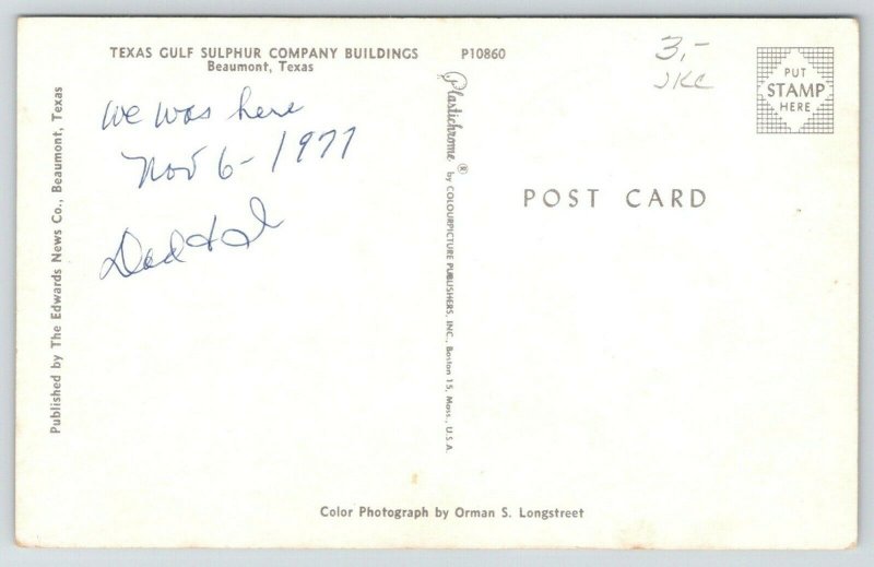 Beaumont Texas~Texas Gulf Sulfur Company Buildings~Offices~1950s Cars~Postcard 