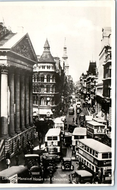 c1940s London England RPPC Mansion House Cheapside Mappin Webb Tram Traffic A358