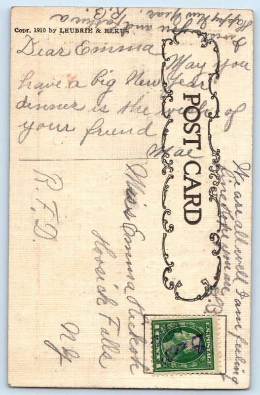 Christmas Postcard Dinner Message Holly Berries Wreath Embossed c1910's Antique