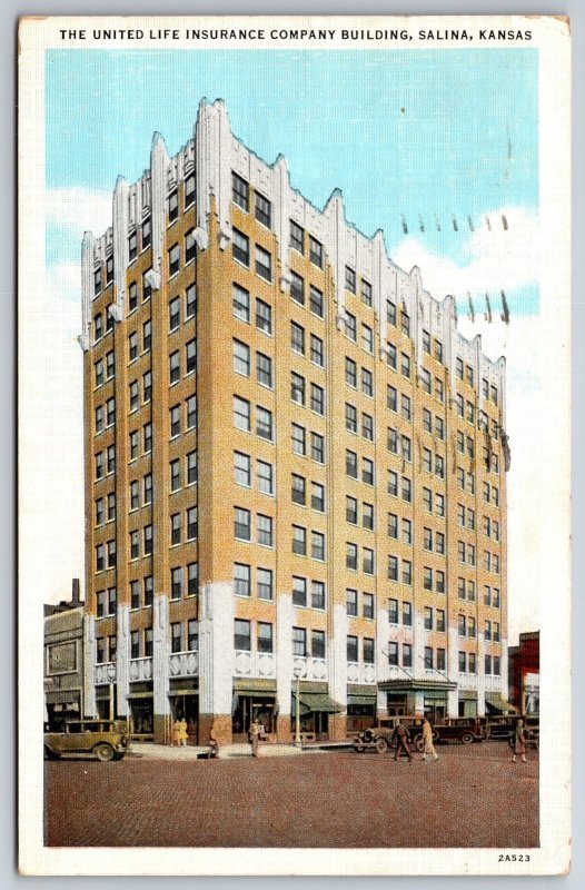 Salina Kansas~United Life Insurance Co Building & Main Street~Linen Postcard