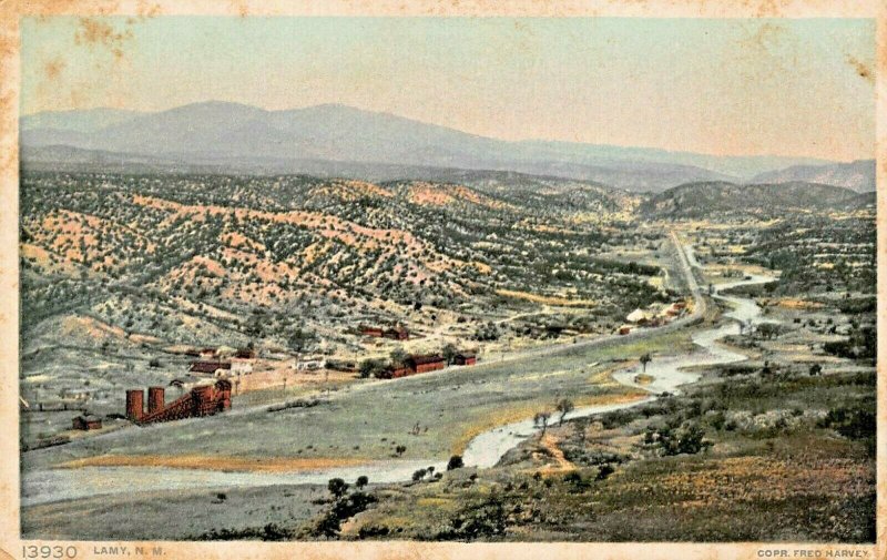 LAMY NEW MEXICO~BIRDS EYE VIEW~NAMED FOR ARCHBISHOP~FRED HARVEY PUBL POSTCARD