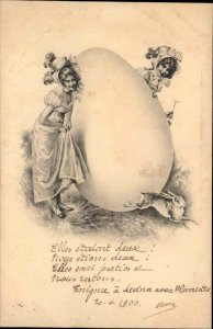 Easter Pretty Women Play Hide & Seek Giant Egg Bunny Rabbit c1900s-10s Postcard