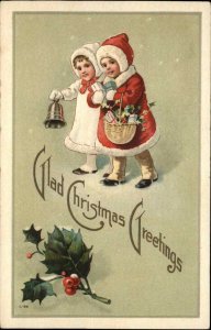 CHRISTMAS Children with Bells & Basket EMBOSSED c1920 Postcard