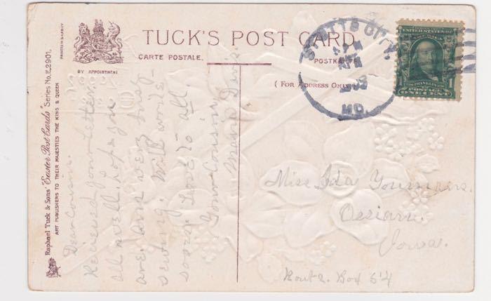 Stotts City MO to Ossian IA Tucks No. E2901 Easter Greetings 1900s Postcard A35