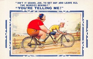 LEAVE WORRIES-YOU'RE TELLING ME~LARGE WOMAN & THIN MAN RIDING BICYCLE POSTCARD