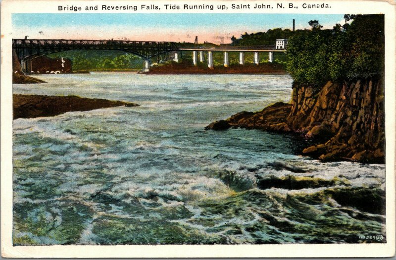 Vtg 1930 Bridge and Reversing Falls Tide St Johns New Brunswick Canada Postcard