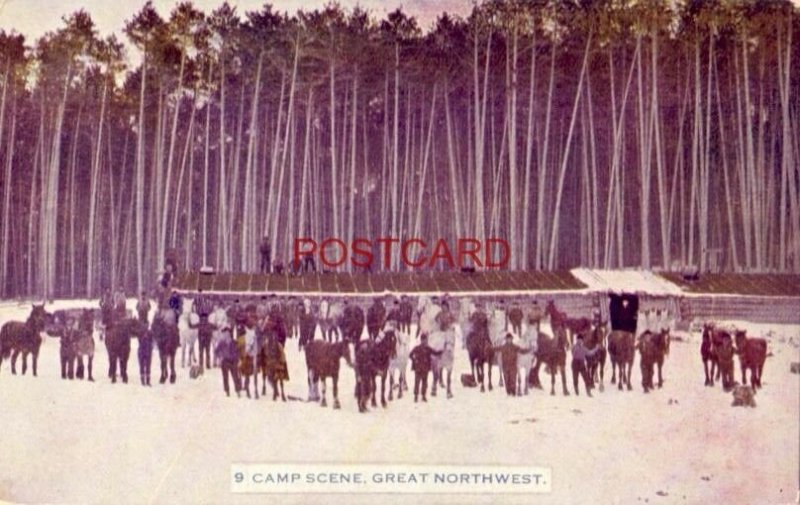 1919 CAMP SCENE, GREAT NORTHWEST - men and horses pose for photographer