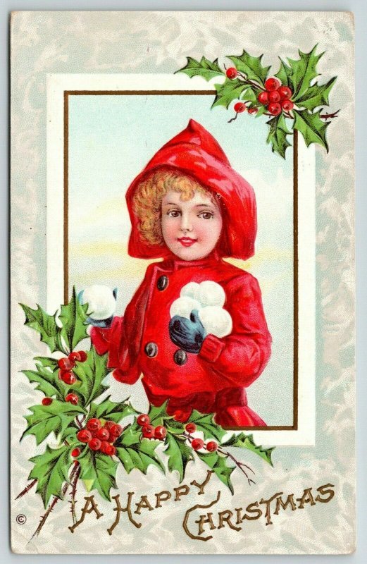 Christmas~Little Girl in Red Hood Stockpiles Snowballs~Embossed~Stecher 241 B 