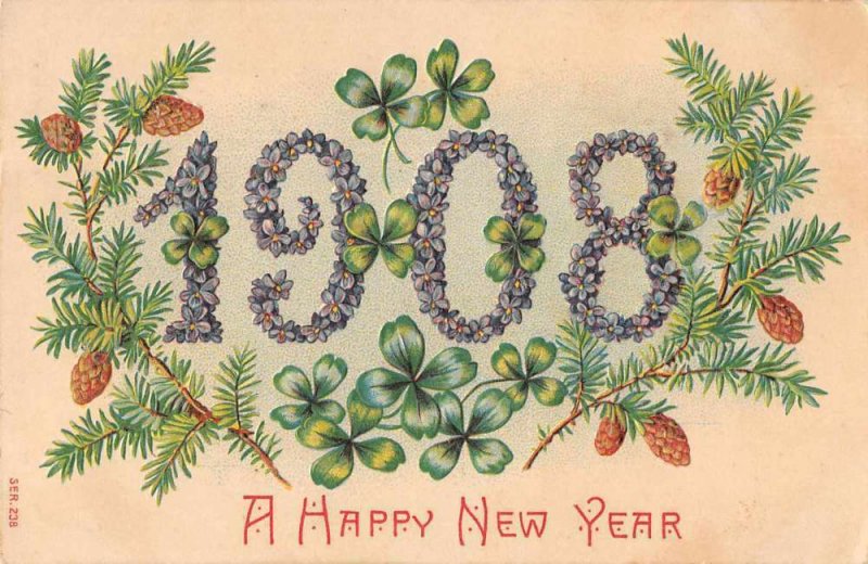 A Happy New Year 1908 pine cones branches purple flowers antique pc BB1103