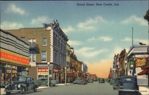 New Castle Indiana IN Broad Street Scene Linen Vintage Postcard