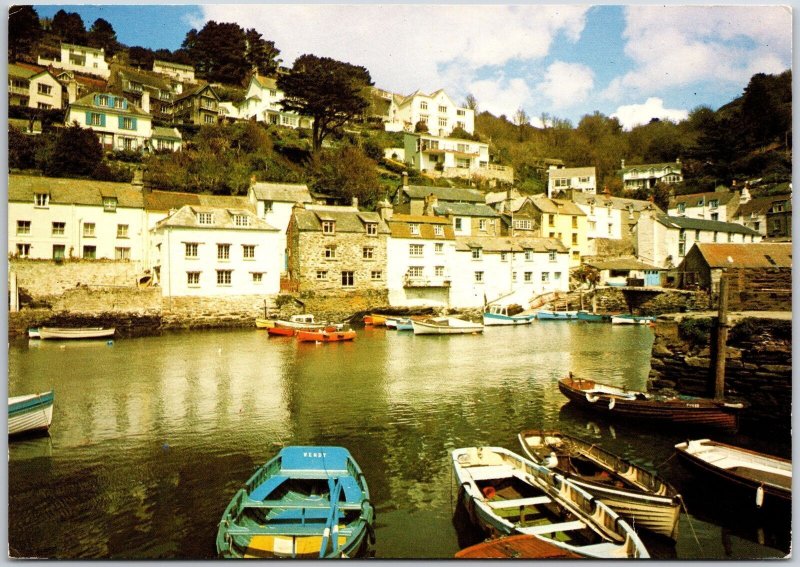 Polperro Harbour Cornwall England Boats Buildings Apartments Trees Postcard