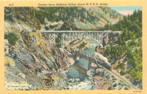 California  Feather River Hwy Bridge Above WPRR BridgeLinen Postcard Unused