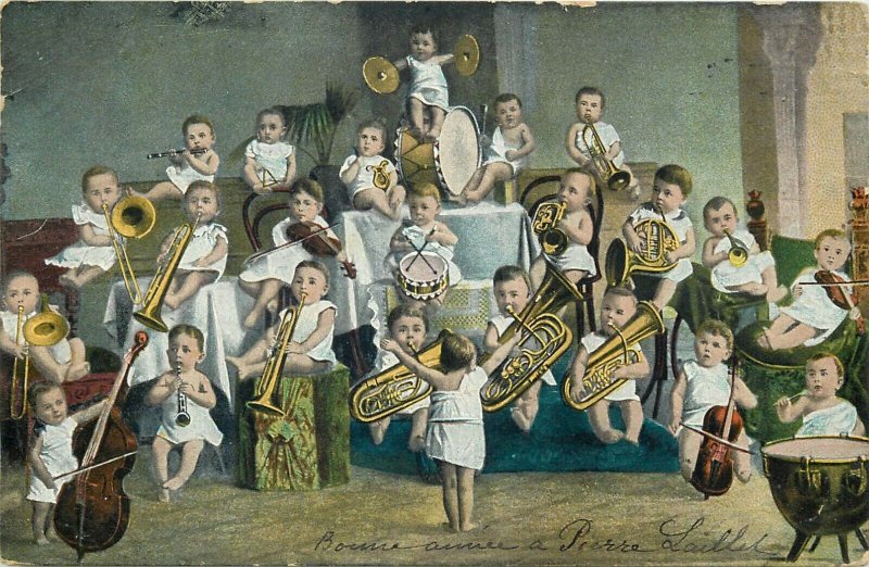 Multi babies music band master orchestra children surrealism postcard 1905 