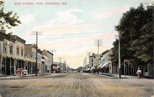 J27/ Fort Atkinson Wisconsin Postcard c1910 Main Street Stores People  180