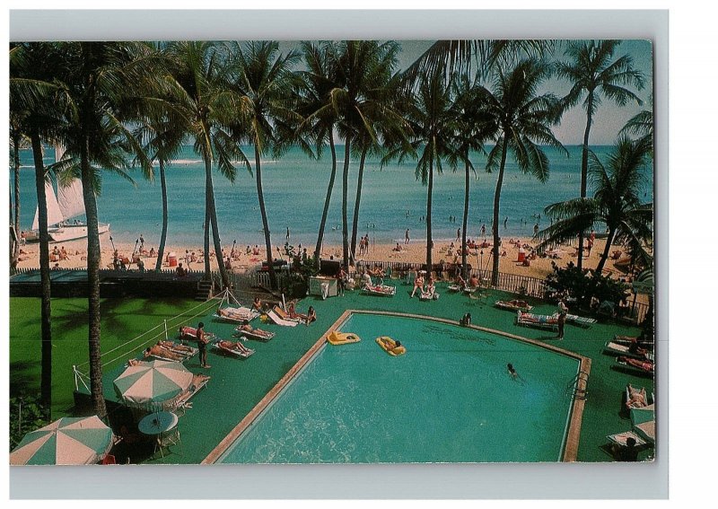 Outrigger Hotel Beach Front Swimmers Sailboat Outdoor Pool Hawaii Postcard