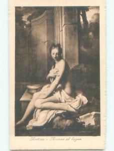 Unused Linen risque foreign PAINTING OF PRETTY TOPLESS GIRL ON POSTCARD J4285