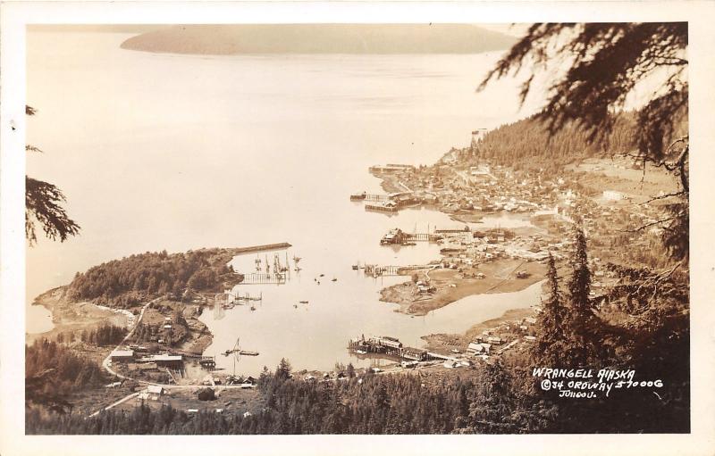 Wrangell Alaska Bird's Eye View~Ships in Harbor-Buildings-Houses~1930-40s RPPC