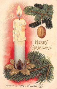 Merry Christmas, Candle With Face & Walnut, On Pine Bough, Vintage PC U18038