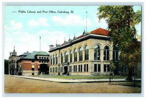 c1920 Public Library and Post Office Galesburg Illinois IL Unposted Postcard 