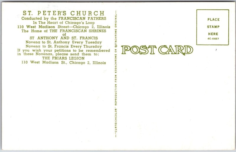 Saint Peter's Church Home Of Franciscan Shrines Chicago Illinois IL Postcard