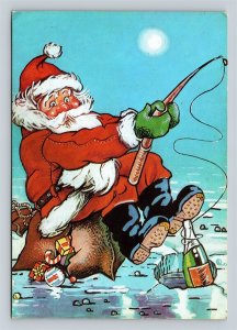 Santa Claus Ice Fishing Catching Champaign Bottle Bulgaria Christmas Postcard