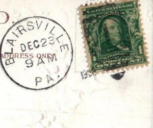 1908 Best Wishes Christmas Holly Leaf Blairsville Pennsylvania PA Postcard