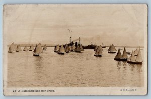 c1910s A Battleship And Her Brood Sailboats US Navy Moser NY RPPC Photo Postcard
