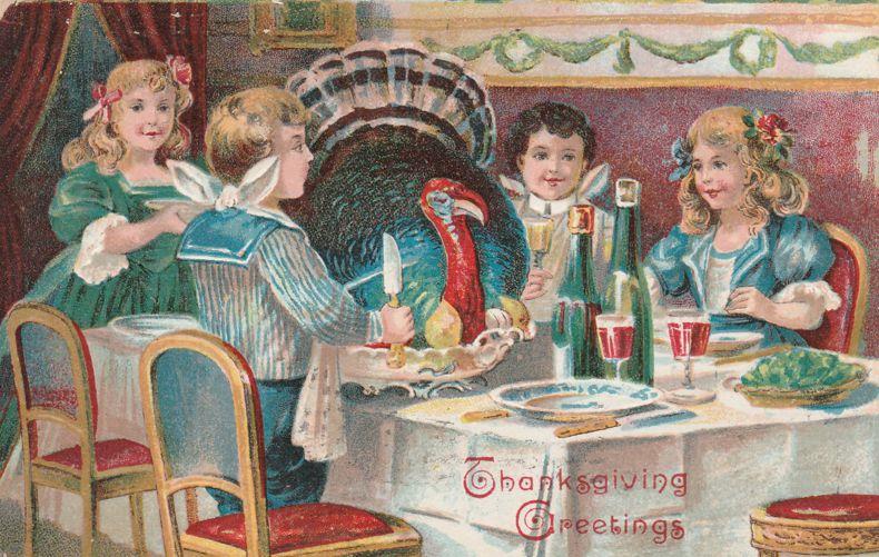 Thanksgiving Greetings - Unusual - Turkey is Dinner Guest - pm 1908 - DB