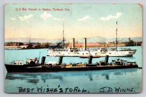 1907 US War Vessels Portland Oregon Harbor Postcard German Made J. K. Gill