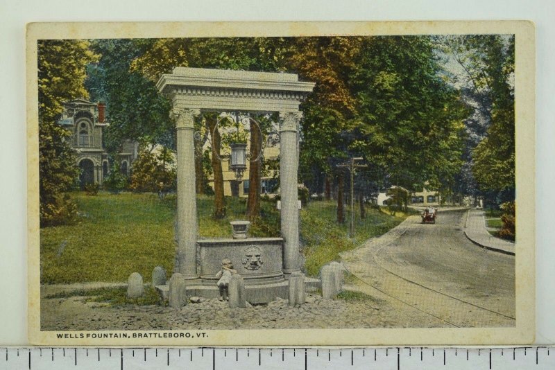 C.1910 Wells Fountain, Brattleboro, VT. Vintage Postcard P52