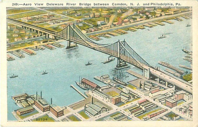 Camden, New Jersey Deleware River Bridge Aero View Pre-Linen Unused