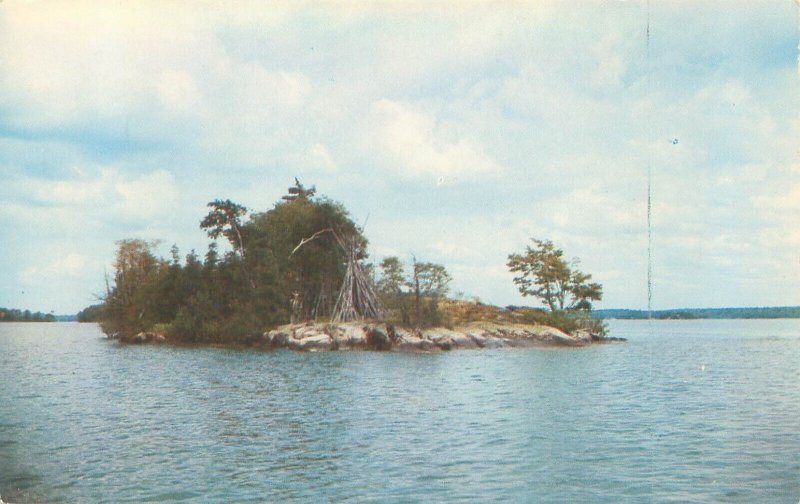 Thousand Islands New York Indian Island Statue & Teepee 1956 Postcard Unused