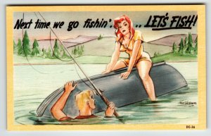 Fishing Postcard Women Sitting On Topside Boat Man With Fishing Pole Chet Warren